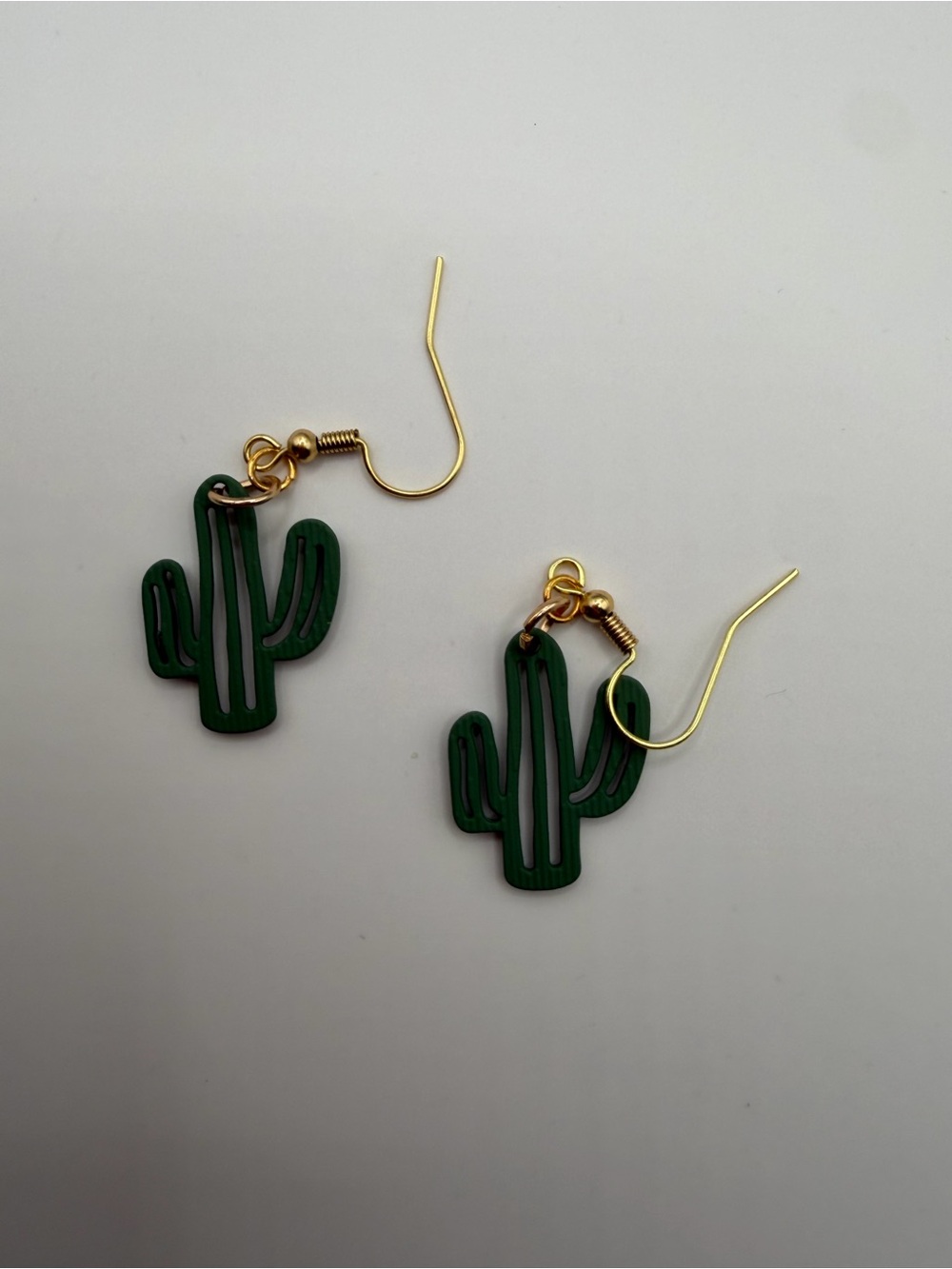 Green Cactus Dangle Earrings - Gold Hooks